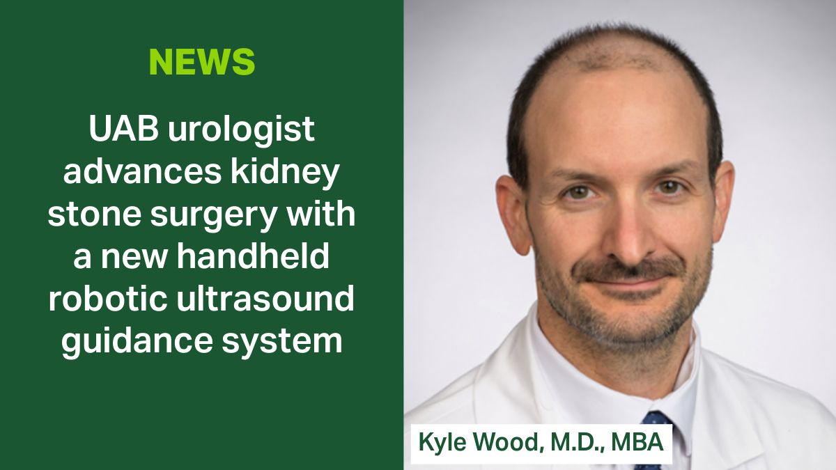 UABUrology's tweet photo. Kyle Wood, M.D., MBA, associate professor in the @UABHeersink Department of Urology, is pioneering a new handheld robotic ultrasound-guidance device that changes how physicians access the kidney during stone surgery. 

Learn more: https://t.co/n8XW50oP7K https://t.co/6bHPjLRyq1