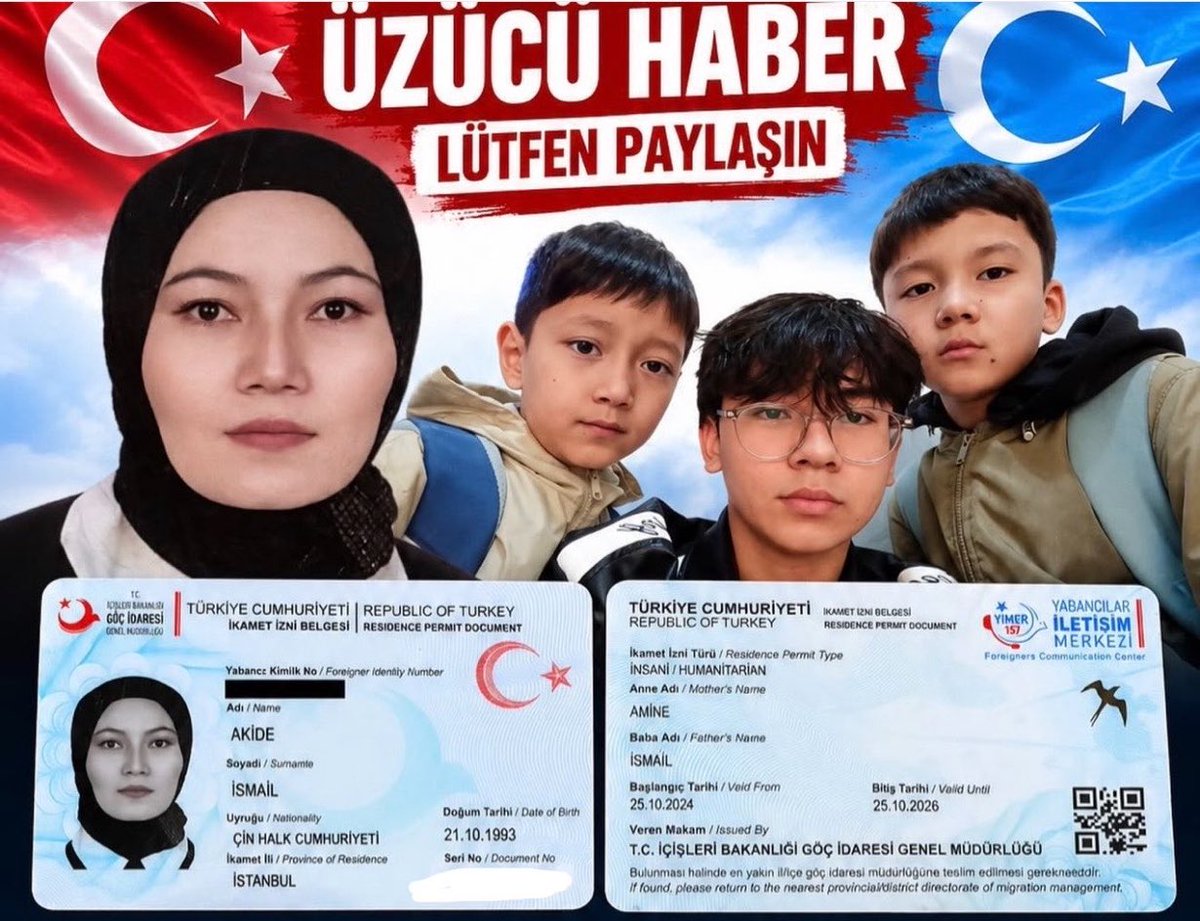 U_Hareketi's tweet photo. 🔴 #SONDAKİKA

İstanbul Sefaköy’de ikamet eden Uygur Türkü Akide İsmail, 29 Eylül sabahı, sabah namazından önce emniyet birimleri tarafından gözaltına alındı.

Aksu doğumlu ve uzun yıllardır İstanbul’da yaşayan Akide İsmail’in iki çocuğu bulunuyor.

Ailesi, gözaltı sürecinin açıklığa kavuşturulmasını ve Akide İsmail’in çocuklarıyla yeniden bir araya gelmesini talep ediyor.

Ailenin çağrısının duyurulması için paylaşılması rica olunur.
Via ; Uygur_report