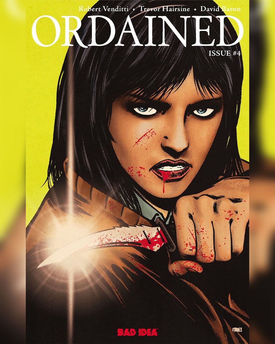 badideahello's tweet photo. From the very first issue, we’ve been keeping a secret. In the epic finale of ORDAINED, it finally comes out.
 
Father Roy has a debt to pay for his run-in with Cormac Byrne. But anyone coming to collect will first have to get past Julie Lorello. The meek parishioner of St. Anthony’s Church has spent years fighting for redemption under Father Roy’s guidance. Tonight, she’ll discover in brutal fashion that redemption isn’t coming. Only retribution.
 
Strap in as we debut a major new player in the world of ORDAINED, coming soon to a movie theater near you starring Oscar-nominee Colin Farrell, written by the writer of JOHN WICK, Derek Kolstad and produced by the Russo Brothers, the directors behind the upcoming AVENGERS: DOOMSDAY. The best-selling series, in its much-anticipated conclusion, is on stands November 4th with -- ORDAINED #4!
 
From the critically-acclaimed team that delivered the year action spectacle of the year: Robert Venditti (SUPERMAN '78), Trevor Hairsine (DCEASED), David Baron (JLA), and Jorge Fornés (BATMAN), comes the surprise continuation of their smash-hit series AND the debut of a major new player in the world of ORDAINED!

Get ready for the final bone-crunching chapter in the year's action blockbuster sensation with a brand-new preview above. Contact your local comic shop and pre-order ORDAINED #4 before Final Order Cutoff on Monday, October 5th to secure your copy!

MORE: https://t.co/Ja5cVriKyJ