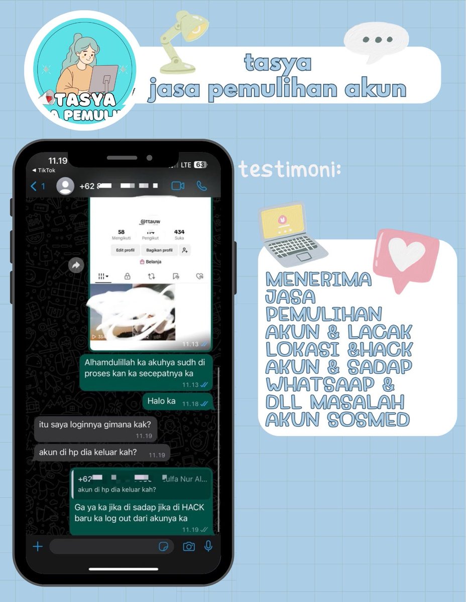 ciaafk's tweet photo. OPEN JASA PEMULIHAN &amp; HAPUS AKUN SOSMED🔔

Melayani‼️

🌸Pulihkan &amp; Pulihin/Balikin Akun
🌸Hapus/Nonaktifkan Akun
🌸Hack Akun
🌸Sadap Wa/All Sosmed
🌸Reset Hp
🌸Lacak Lokasi

(Instagram,Tiktok,Gmail/Email,Facebook,Telegram,Twitter/X,Dll)
Konsultasi? WhatsApp di bio!
#zonauangㅤ https://t.co/qIa1yZmDJ9