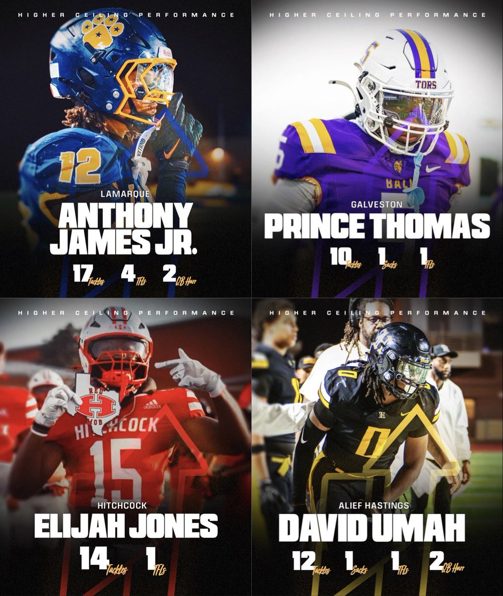 DonnieBaggs_'s tweet photo. #HCville PLAYERS OF THE WEEK 3️⃣ 💯

@anthony_ja25603 > @LM_CoogFootball 
@Whata_Prince > @GalvestonBallFB 
@BookieJones6 > @HHSstrength 
@david_umah0 > @AliefHastingsFB https://t.co/kiLVJ2aPVw