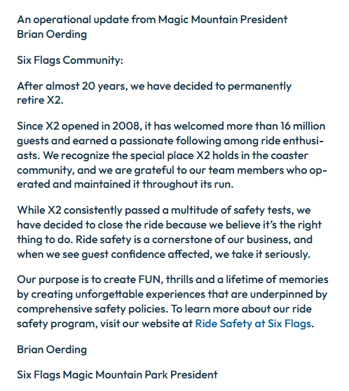 ScottGustin's tweet photo. NEW: Six Flags Magic Mountain is permanently closing X2.

"While X2 consistently passed a multitude of safety tests, we have decided to close the ride because we believe it’s the right thing to do." https://t.co/GdqiI2B9qG