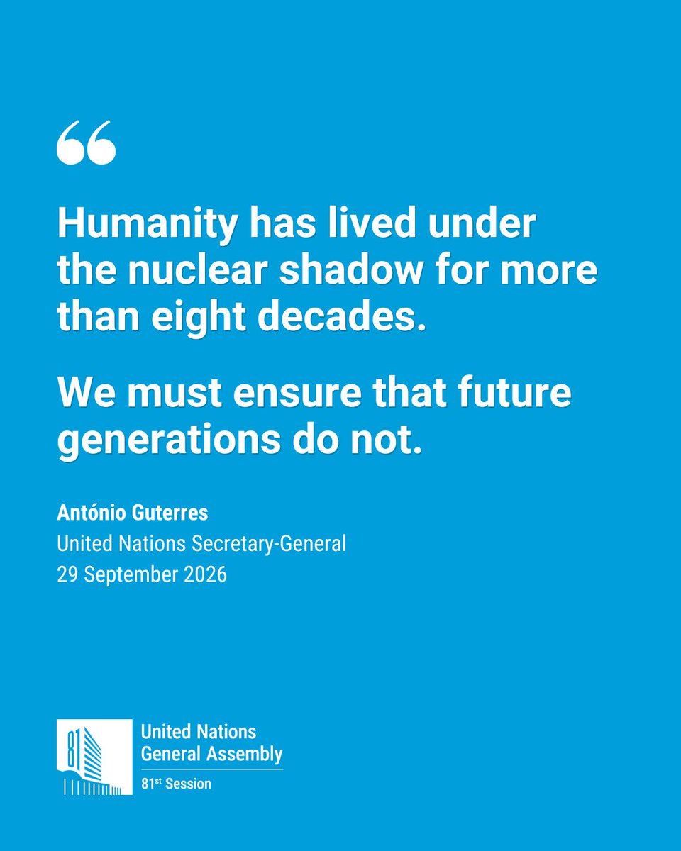 UN's tweet photo. “Replace threats with dialogue.
Replace arms racing with arms control.
Replace paralysis with concrete action.”

@antonioguterres urges countries to engage constructively in efforts to bring the world closer to the total elimination of nuclear weapons.

https://t.co/FMS9VnM1f3 https://t.co/RKhwbBelrJ