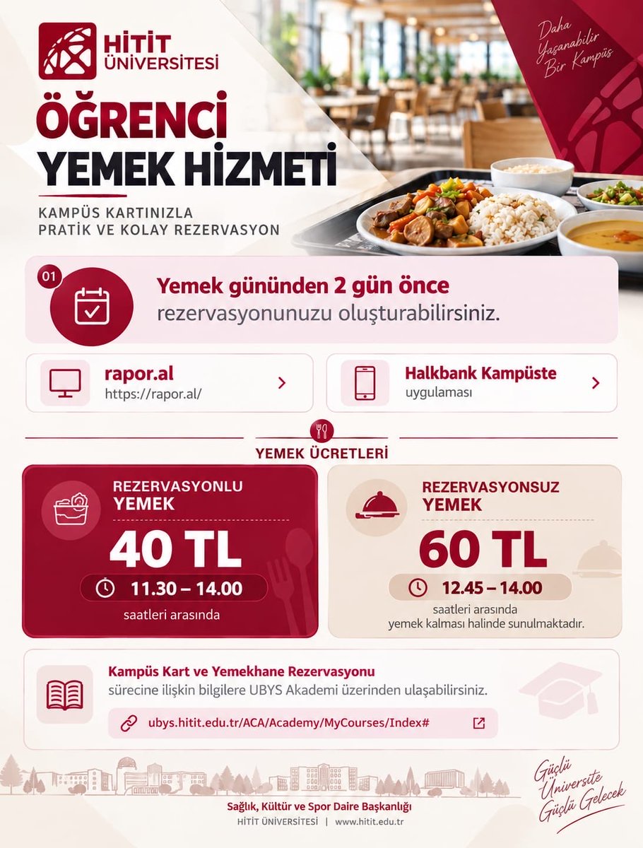 Hititsks's tweet photo. Değerli öğrencilerimiz, Kampüs Kartınızla yemek hizmetinden kolayca yararlanabilirsiniz. 🤗

Hizmetten yararlanmak için yemek gününden 2 gün önce rezervasyonunuzu yapmayı unutmayın. ❗️

#HititÜniversitesi https://t.co/DyUDWbLY4Y