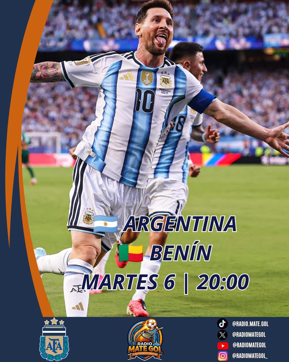 RadioMateGol's tweet photo. ⚽🇦🇷 ¡MESSI SE DESPIDE DE LA SELECCIÓN!

🐐 Leo jugará su último partido con Argentina ante Benín, el 6/10 a las 20:00 en el Monumental.

🏆 Se despedirá como líder histórico en presencias, goles y asistencias, y campeón del mundo, de América y de la Finalissima.

#Messi #futbol https://t.co/3yKrVaqPzg