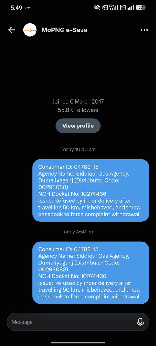 AkEnterprise0's tweet photo. @MoPNG_eSeva Consumer ID: 04789115
Agency Name: Siddiqui Gas Agency, Dumariyaganj (Distributor Code: 00298088)
NCH Docket No: 10274436
Issue: Refused cylinder delivery after travelling 50 km, misbehaved, and threw passbook to force complaint withdrawal https://t.co/rMkIU4TVI4