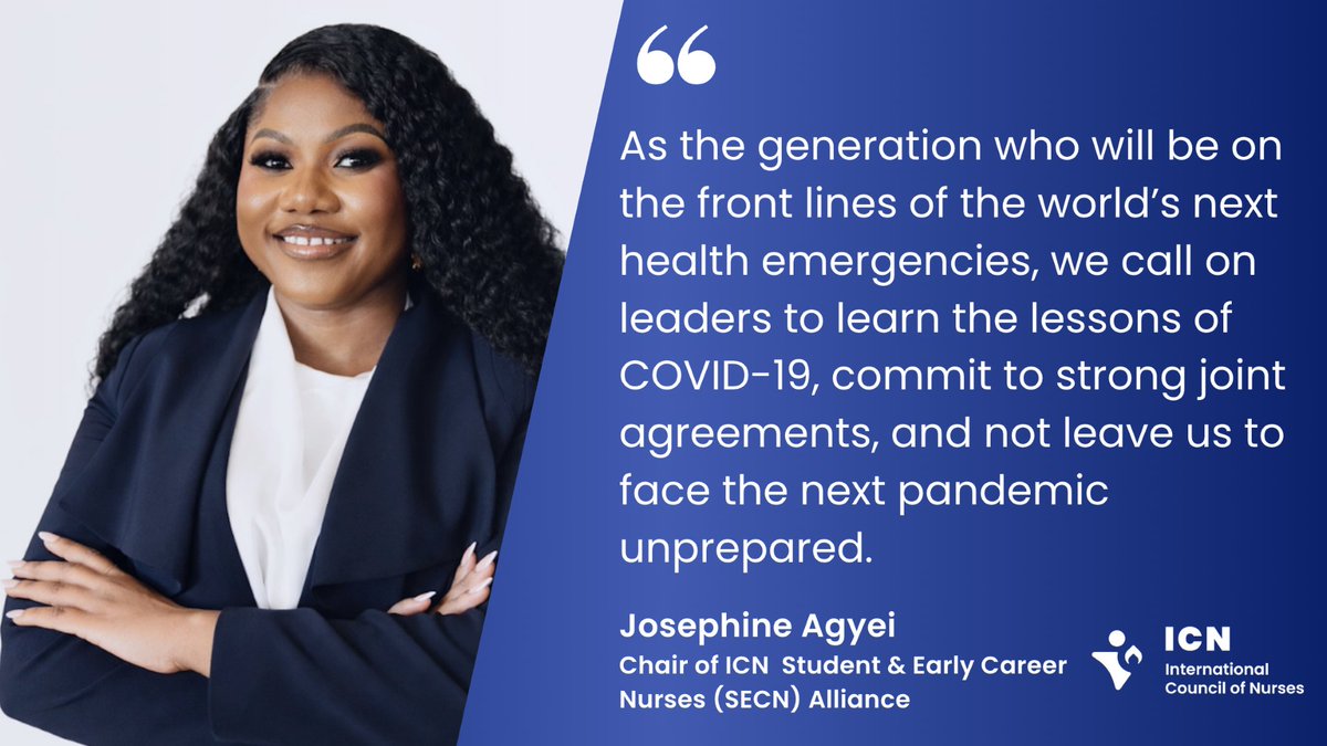 ICNurses's tweet photo. Josephine Agyei, Chair of ICN's Student and Early Career Nurses Alliance, brought the voice of the next generation to the @UN High-Level Meeting on pandemic preparedness and response.

Her message to leaders was to make sure the nurses of today and the future are supported, protected and prepared long before the next crisis strikes, because there is no pandemic preparedness without nurses.

🔗  Read more: https://t.co/vYfwBpE6ZJ

#UNGA81 #SECN