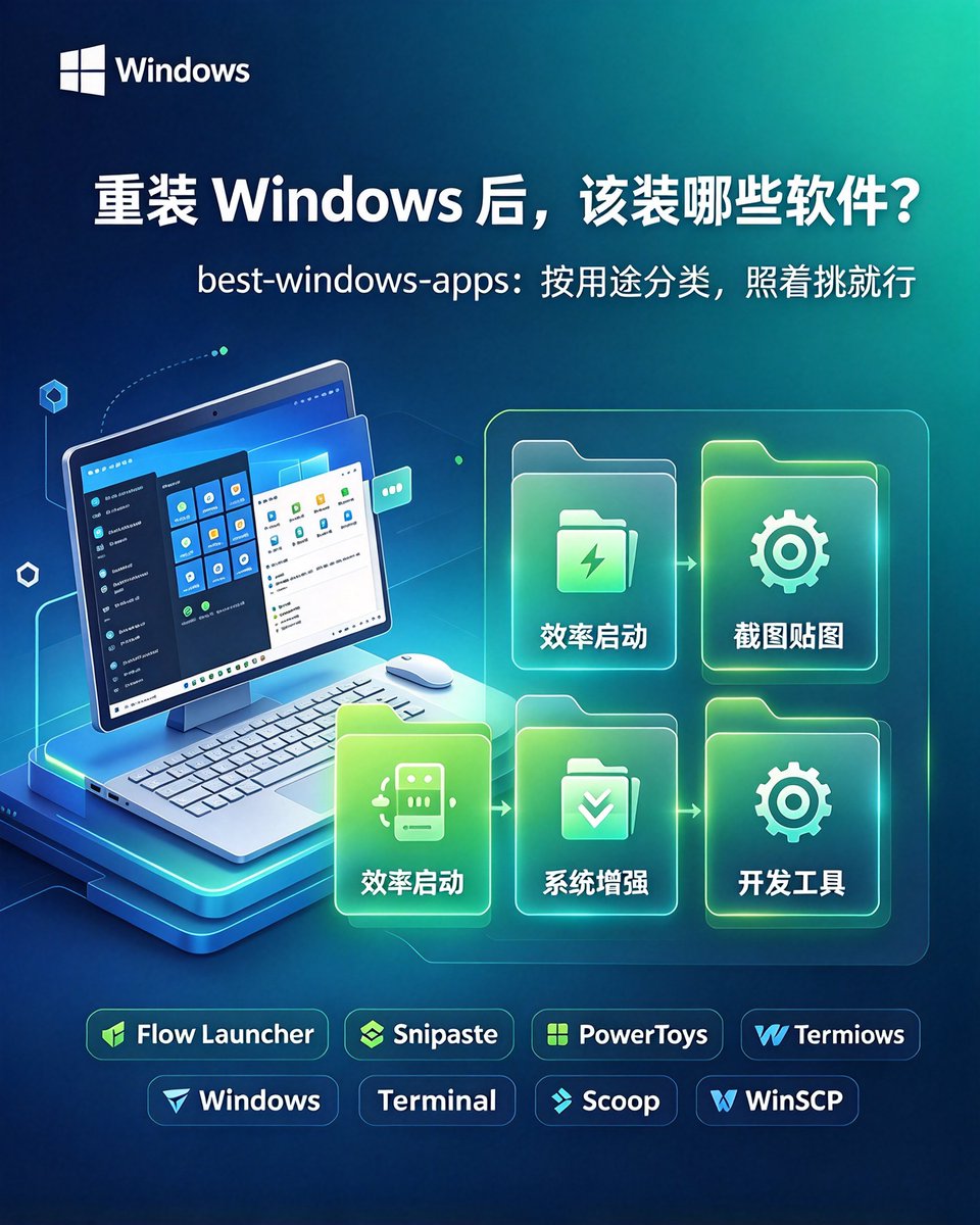 Huahuazo's tweet photo. 重装Windows后最头疼的，不是系统，是不知道装啥。

GitHub 上的 best-windows-apps，把常用的 Windows 软件捋成了一份清单，按用途分好类，装机时照着挑就行。

里面不少工具都挺实用：

① Flow Launcher：搜文件、启应用都飞快
② Snipaste：截图、贴图都顺手
③ PowerToys：微软出的效率工具合集
④ Windows Terminal、Scoop、WinSCP 这类开发工具也都在
不用一股脑装些用不上的，按自己需求挑就完事。
🔗 https://t.co/xKNZPKZesG