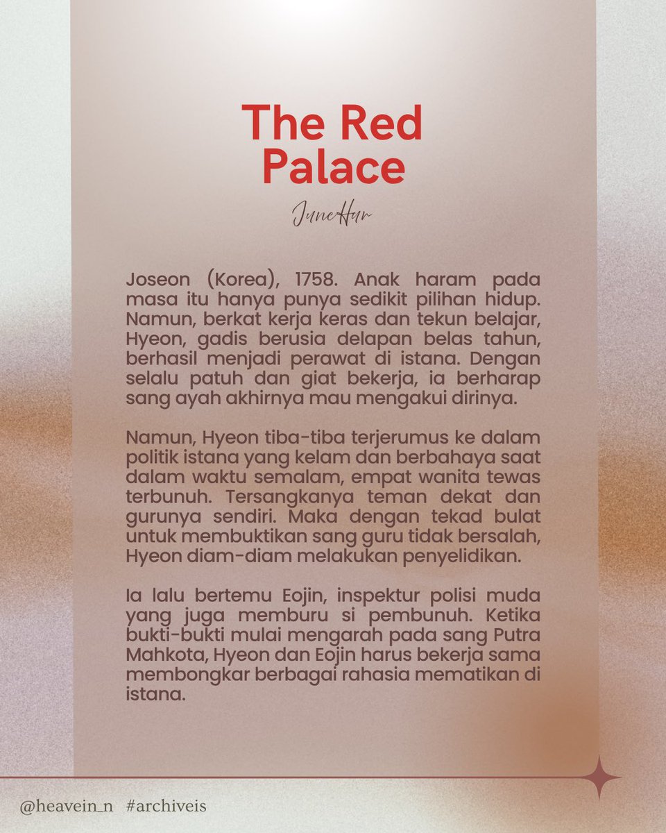 heavein_n's tweet photo. 🍵 currently reading : 

📚 The Red Palace
 — by June Hur ˖᯽ ݁˖

🗒️ 368 pages ౨ৎ

#booktwt #archieveis https://t.co/In35JU19mO