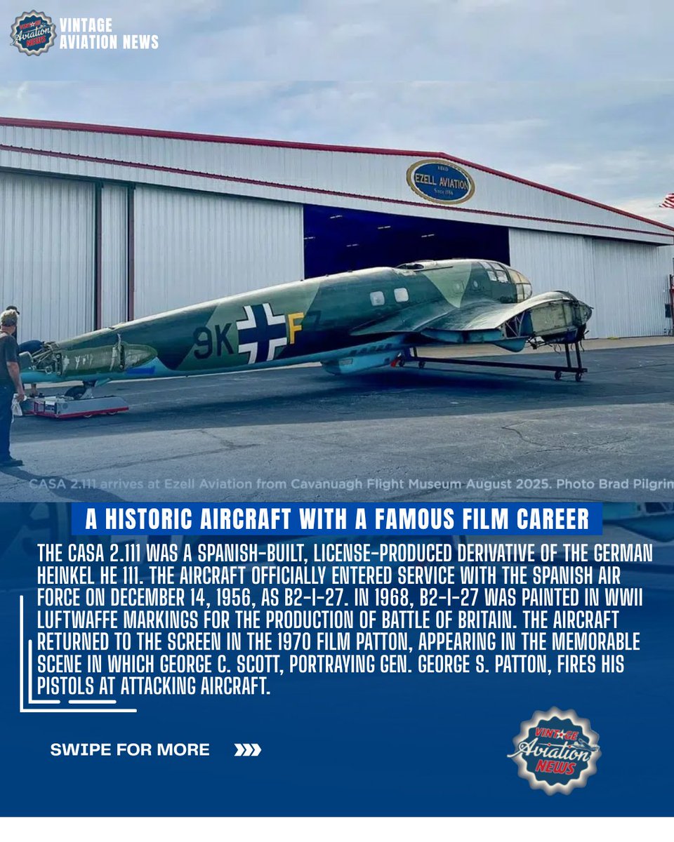 WarbirdsNews's tweet photo. On August 13, 2025, the Cavanaugh Flight Museum transported its 1950-built CASA 2.111E, serial number 155, approximately 170 miles west to Ezell Aviation in Breckenridge, Texas, marking the beginning of a multiyear project to return the historic aircraft to flight.

The CASA 2.111 was a Spanish-built, license-produced derivative of the German Heinkel He 111, and served with the Spanish Air Force before appearing in the films Battle of Britain and Patton. One year into its restoration, the aircraft has been completely disassembled, with the museum currently anticipating a first flight during the 2029–2030 timeframe.

Read full article here
https://t.co/ozxriD7X70

Source: Vintage Aviation News