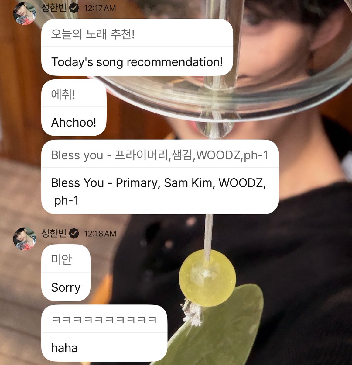sunlightshb's tweet photo. LOL hanbin wants to recommend the song ‘bless you’ so he set it up by saying ahchoo 😭😂 https://t.co/cOUQw6aQpN