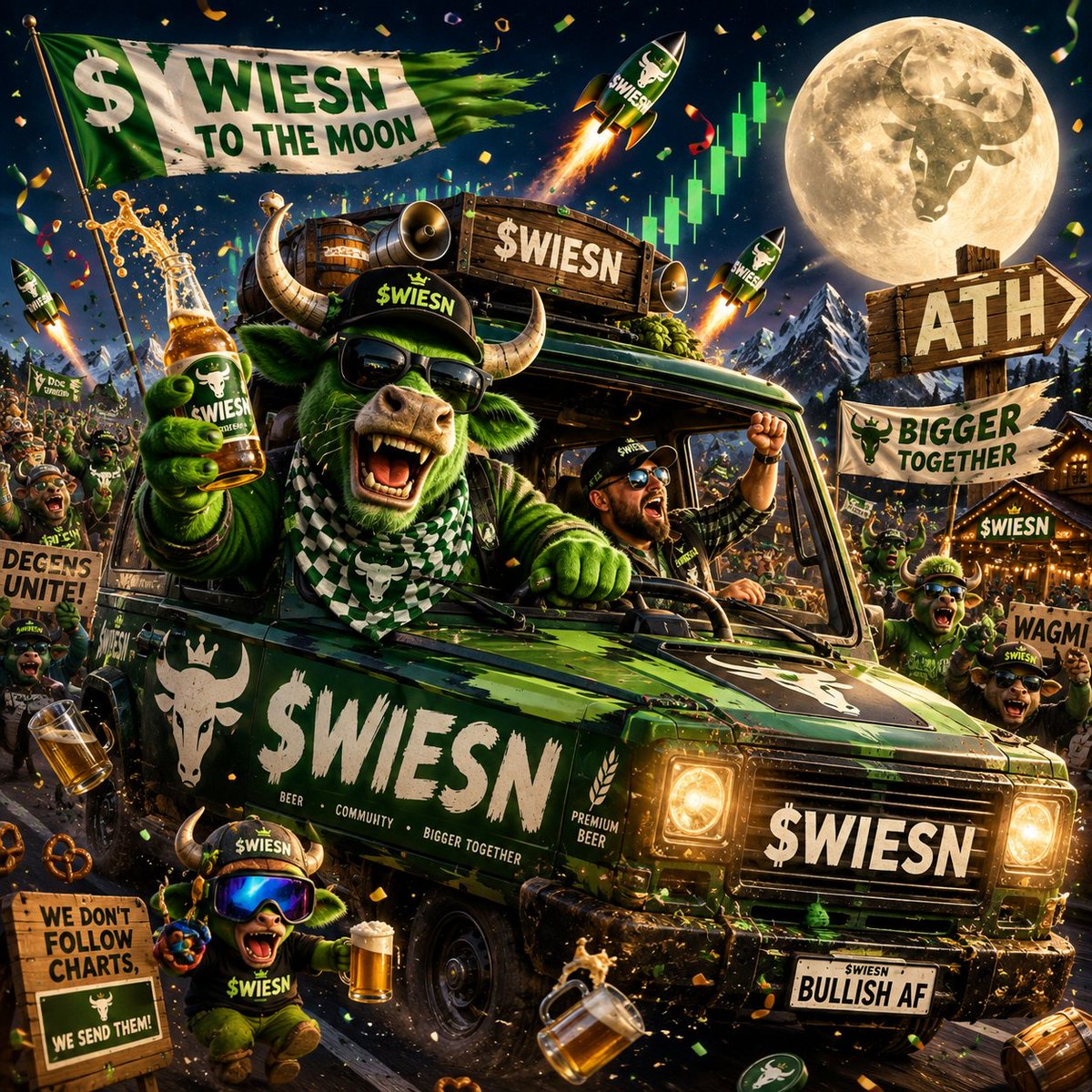 JeanKbuloso's tweet photo. $WIESN JUST HIT THE ROAD
The bull grabbed the wheel, the beer is loaded, and apparently nobody told him to slow down. 
The whole crew is rolling together more holders, more vibes, more chaos.
Drink. Laugh. Build. Send it.
$WIESN is just getting started.
@MyrixProtocol https://t.co/vL76AlFq8Y
