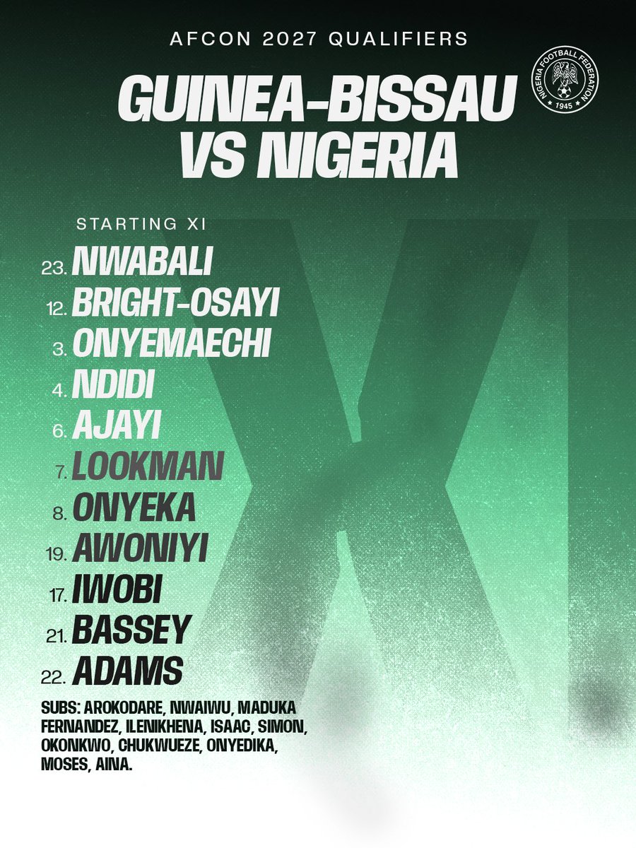 NGSuperEagles's tweet photo. TEAM NEWS 🗞️

♻️ Chelle makes three changes to the starting XI
🎩 Iwobi pulls the strings in midfield
🔝 Awoniyi and Adams lead the attack

#GNBNGA #SoarSuperEagles #AFCONQ https://t.co/C6wJifZQIS