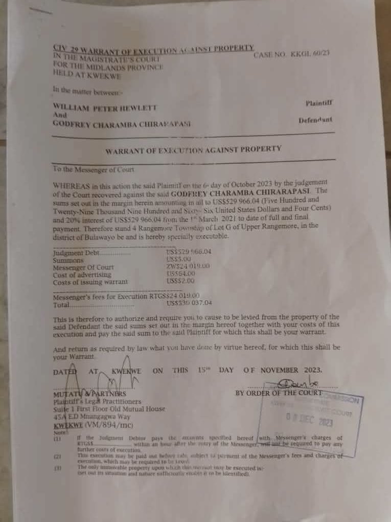 CrimeWatchZW's tweet photo. Hi Crime Watch. Please help us by sharing this story. There is an area in Mganwini, Bulawayo, which was originally a single plot. The owner, Godfrey Charamba Chirarapasi, later subdivided the land into residential stands and sold it to different people.

The plot had about 199 stands, and about three-quarters of them now have houses built on them. Some residents bought their stands around 2015, when the prices were between US$4,500 and US$5,000.

In 2021, Godfrey Chirarapasi borrowed US$60,000 from a man named William Hewlett and gave him the title deeds for the plot as collateral, despite having already sold about 188 stands to different people. He then failed to pay the debt he was owing and in 2023, Mr Hewlet then took Mr Chirarapasi to court. The judge ruled that Mr Chirarapasi now had to pay a total of around US$530,000 and plus 20% interest from 1 March 2021 until the debt is fully paid. The court allowed Mr Hewlett to recover the money owed to him by having the property seized and sold if the debt is not paid.

We do not know what to do because the value of the property and houses in the area is now much higher than the amount Chiraparasi owes. We are now afraid because we do not know what will happen to our homes.

Please help us expose this issue and bring it to the attention of the relevant authorities who can assist us as residents. We are worried about what may happen to our homes and need help and guidance on how to protect our properties.