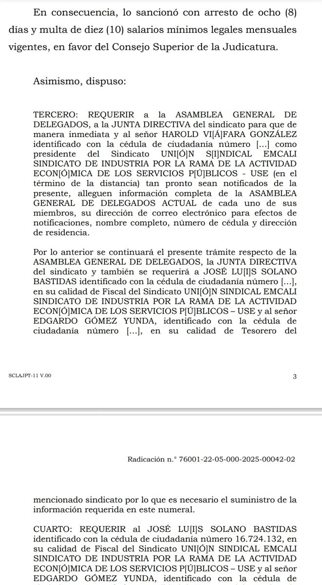 radiosupercali's tweet photo. 📢 CORTE SUPREMA RATIFICA ARRESTO A DIRECTIVOS DEL SINDICATO USE (EMCALI) ⚖️

La Sala Laboral de la Corte Suprema confirmó arresto y multas contra la directiva de la Unión Sindical EMCALI por desacatar una tutela y ocultar información de sus recursos financieros.
🚨 Directivos sancionados:
• José Arday Carmona Urcuqui (Presidente): 1 mes de arresto y multa de 1.600 UVB.
• José Luis Solano Bastidas (Fiscal): 20 días de arresto y multa de 1.100 UVB.
• Edgardo José Gómez Yunda (Tesorero): 20 días de arresto y multa de 1.100 UVB.
• Carlos Arturo González Zambrano (Vocero): 20 días de arresto y multa de 1.100 UVB.
📌 Los hechos:
El sindicato alegó pérdida de libros contables por "inundaciones" e inaccesibilidad por la muerte de su contador. Sin embargo, Bomberos y Gestión del Riesgo desmintieron las emergencias, y la inspección judicial halló los archivos en buen estado.
El caso pasa a la Fiscalía por presunto fraude procesal y fraude a resolución judicial, investigación que incluye también al expresidente Harold Viáfara.