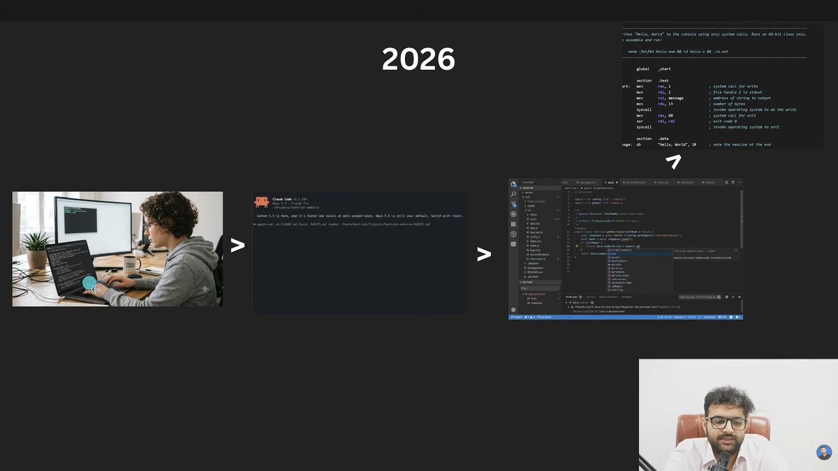 eatulrajput's tweet photo. My personal note on recent video of @kirat_tw : 

1. Where dev's heads are at
2. What the future looks like

Coding is an abstraction:
- 99.5 % are using coding agents to code, very less people are coding with hands now
- Watch 1HR DHH talk https://t.co/8avlNnTVqX