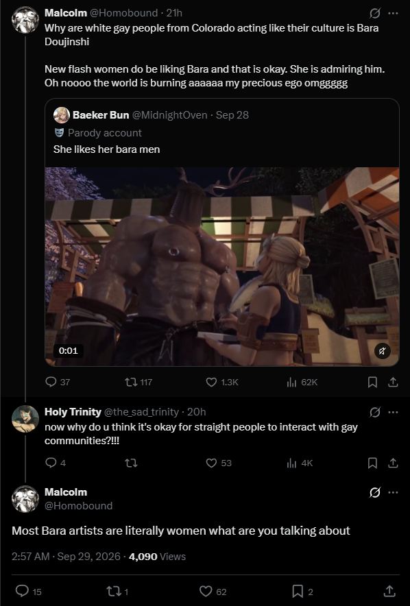 ezikell_'s tweet photo. @chewyeclipse still, i think it's also important to know that words do mean things, and bara specifically is (muscular) male on male romance targeted for a gay male audience and is primarily made by other gay men. when things like that get twisted then i also see why people get angry 😅 https://t.co/9Az2rr1g7z