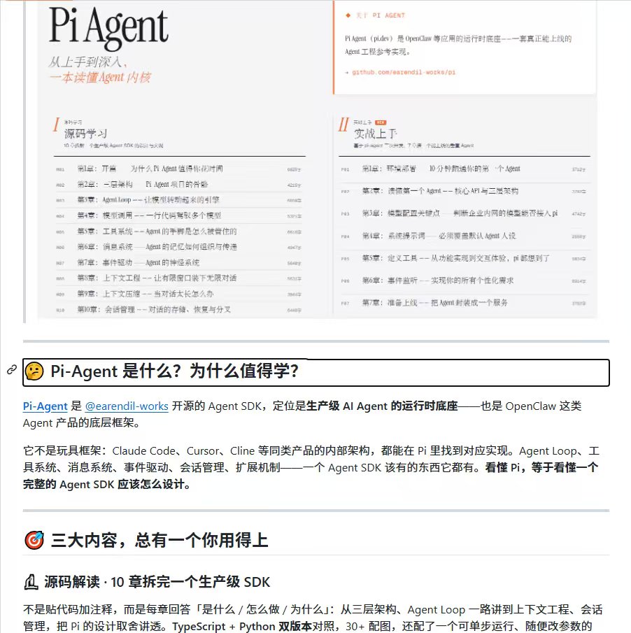 x5cnhp's tweet photo. 啃了好几遍 Claude Code、Cursor 的官方文档，对它们底层到底怎么跑还是一头雾水？📖

有位老哥干脆把自己钻研 AI 的笔记整个开源了，拿 Pi-Agent SDK 当活体样本，一章接一章地拆源码。足足 10 章，架构设计、Agent 循环、模型调用、工具系统、上下文压缩、会话管理，全都囊括进去。

每章只死磕三件事：是什么、怎么写、为何非这么写不可。

TypeScript 和 Python 两个版本并排放着，哪版顺眼用哪版。网页、Markdown、PDF 三种形式任选，断网了也能慢慢啃。
🔗 https://t.co/85MgbSGAM6