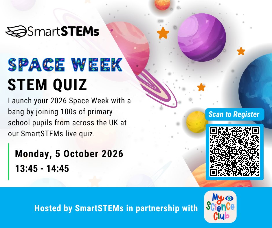 SmartSTEMs's tweet photo. Less than one week to go! 

There's still time to register and join hundreds of primary school pupils across the UK for our FREE Space Week quiz, hosted in partnership with @My_ScienceClub.

Register here: https://t.co/aQ8rXgge3M or scan the QR code.

@Tree_Of https://t.co/3izc66W9Gf