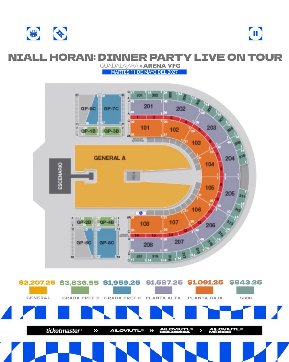 ailoviutl's tweet photo. 🚨 PRECIOS DE BOLETOS OFICIALES 🚨

NIALL HORAN 🎸 DINNER PARTY LIVE ON TOUR

🗓️ Viernes 7 de Mayo del 2027 🗓️
🏟️ Palacio de los Deportes 🏟️
📍 CDMX 📍🇲🇽 México 🇲🇽

🗓️ Martes 11 de Mayo del 2027 🗓️
🏟️ Arena VFG 🏟️
📍 Guadalajara, Jalisco 📍

🎟️ Precios de Boletos CDMX 🎟️

PISTA: $2,331.25
NIVEL B: $4,158.95
NIVEL C: $1,959.25
NIVEL D: $1,339.25
NIVEL E: $1,091.25
*con cargos*

PRECIOS BASE, NO INCLUYEN VARIACIONES PARA PRIMERAS FILAS, ASIENTOS PEGADOS A LAS ORILLAS/ESQUINAS

🎟️ Precios de Boletos Guadalajara 🎟️

GENERAL: $2,207.25
GRADA PREFERENTE B: $3,836.55
GRADA PREFERENTE C: $1,959.25
PLANTA BAJA: $1,587.25
PLATEA: $1,339.25
PLANTA ALTA: $1,091.25
S300: $843.25
*con cargos*

🎫 Fechas de Preventas 🎫

Venta a Fans: 29 de Septiembre 9:00 AM**
Venta Beyond: 30 de Septiembre 9:00 AM*
Preventa Priority: 30 de Septiembre 11:00 AM*
Preventa Banamex: 2 de Octubre 11:00 AM
Venta General: 3 de Octubre 11:00 AM

*Código Beyond y Códigos Priority + Links lo subiré en mi Stories para Suscriptores de mi https://t.co/ccAgcLOpK6 💜

💲 Boletera: Ticketmaster 💲

💳 Meses sin Intereses 💳

3 MSI con tarjetas de Crédito Banamex a partir de $3,000 MXN

#NiallHoran #DinnerParty #DinnerPartyLiveOnTour #México #CDMX #Tour2027 #PalacioDeLosDeportes #Fest #Festival #Tour2025 #Tour2026 #Guadalajara #Jalisco #ArenaVFG #Music #Música #Concert #Concierto