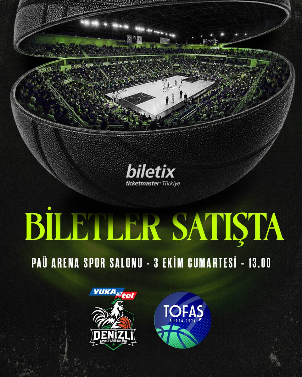 denizlibasket_'s tweet photo. 🎟️ BİLETLER SATIŞTA!

Yeni sezonun ilk iç saha maçında evimizde buluşuyoruz! 💚🖤

🆚 TOFAŞ
🏆 Türkiye Sigorta Basketbol Süper Ligi – 2. Hafta
📅 3 Ekim Cumartesi
⏰ 13.00
📍 PAÜ Arena

Yeni sezonun evimizdeki ilk mücadelesinde tribündeki yerini al, takımını yalnız bırakma! https://t.co/qbzXnBqEGg
