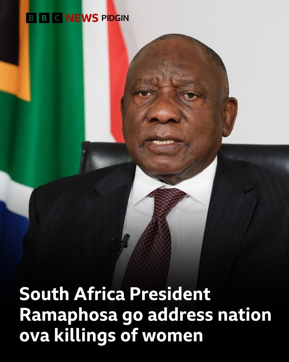 bbcnewspidgin's tweet photo. South Africa President Cyril Ramaphosa go on Tuesday, 29 September address im kontri pipo on top steps im administration dey take to tackle gender-based violence and femicide (GBVF).

Full tori: https://t.co/zfHCCzzrjC https://t.co/2pcQD3rOkW