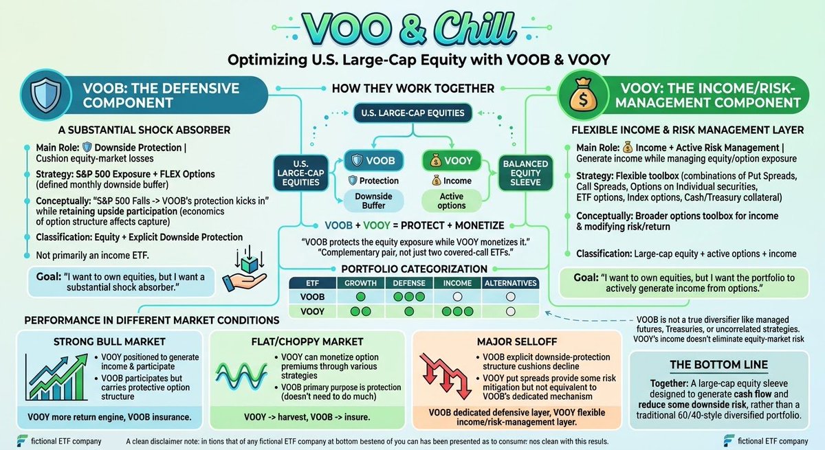 MarkusCarter17's tweet photo. ETF Combo 🧩💡; $VOOB & $VOOY 

$VOO & chill? 🤔 😏

Pairing VOOB + VOOY creates a "Protect + Monetize" strategy for U.S. large-cap equities.

🛡️ VOOB: The Shield. Uses options to build an explicit #downside buffer against market selloffs.

💰 VOOY: The Engine. Actively uses put/call spreads to harvest #premium and generate income.

You’re taking the same underlying equity exposure and modifying it in two distinct directions. VOOB defends the core, while VOOY monetizes it.

#ETFs #Options #Investing @XFunds_
@VistaSharesX #income #yield #dividend #distribution #growth #largecap #spy #index @maxconvexityman #buffer #defense