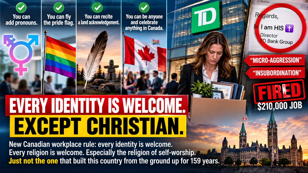 Watchdog_MP's tweet photo. You can add pronouns. ⚧️

You can fly the pride flag.🏳️‍🌈 

You can recite a land acknowledgement. 🪶 

You can be anyone and celebrate anything in Canada. 🇨🇦

Just don’t write “I am HIS ✝️” in your email signature.

A TD exec lost her $210k job for that. First it was a “micro-aggression” then it was “insubordination.”

New Canadian workplace rule: every identity is welcome. Every religion is welcome. Especially the religion of self-worship.

Just not the one that built this country from the ground up for 159 years.
#cdnpoli #FreedomOfReligion