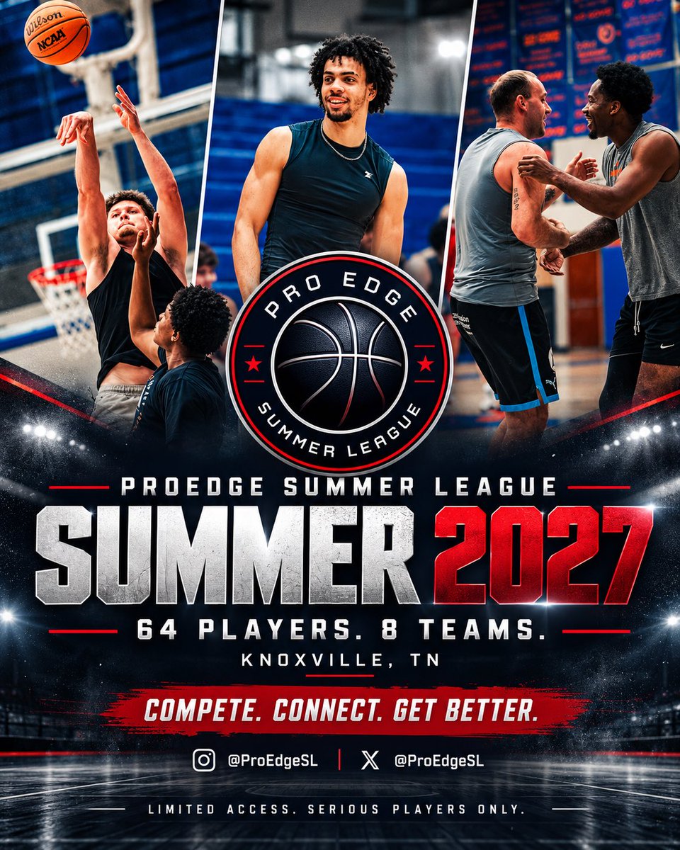 ProEdgeSL's tweet photo. SUMMER 2027.

64 players. 8 teams. One league built for high-level competition, meaningful reps, and a professional summer basketball experience in Knoxville.

Limited Access. Serious Players Only.

Instagram + X: @ProEdgeSL https://t.co/B5zprKVOTd