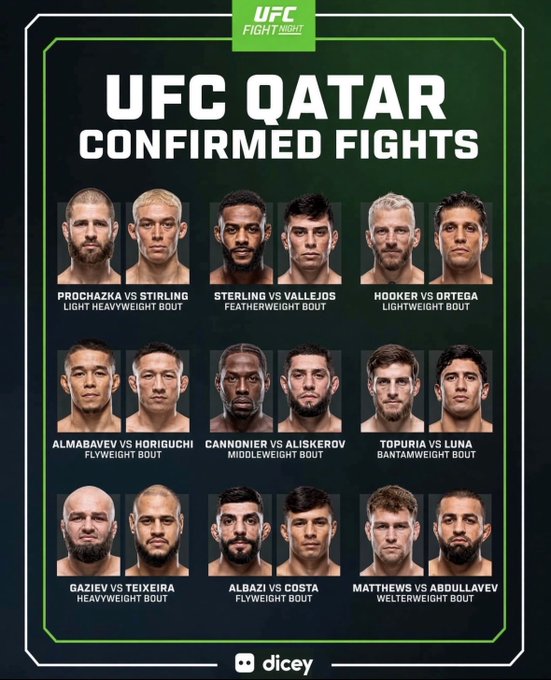 A promotional graphic titled "UFC QATAR CONFIRMED FIGHTS" listing matchups including Prochazka vs. Stirling, Sterling vs. Vallejos, Hooker vs. Ortega, and others across various weight classes.