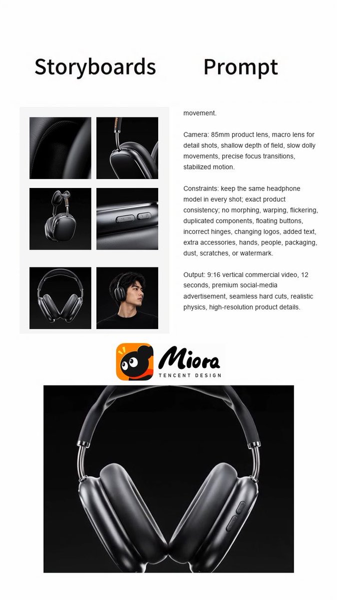 A 'Miora Tencent Design' presentation showing storyboards and a prompt for headphones, alongside a large product image of black over-ear headphones.