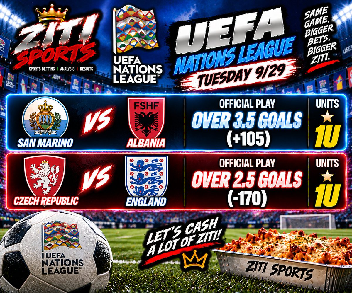 SportsZiti's tweet photo. ⚽🔥 TUESDAY SOCCER ZITI! 🔥⚽
🇪🇺 2 NATIONS LEAGUE PLAYS • 2U
WE NEED GOALS. LET’S CASH! 💰⚽
🤌🍝 STACK THE ZITI!
#NationsLeague #SoccerPicks #SoccerBetting #SportsBetting #BettingTwitter #ZitiSports #WinZiti https://t.co/L1bb06tATh