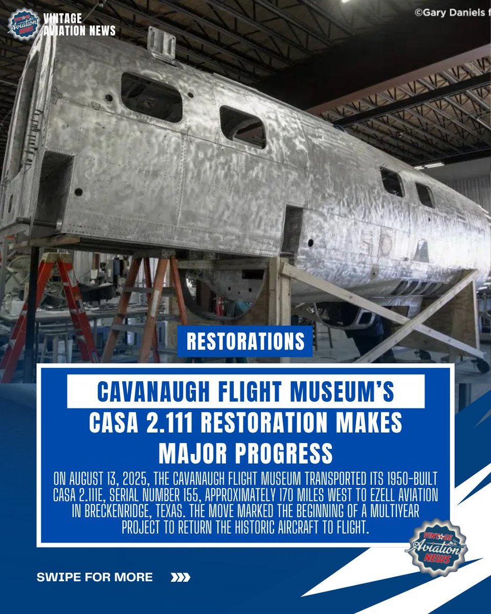 WarbirdsNews's tweet photo. On August 13, 2025, the Cavanaugh Flight Museum transported its 1950-built CASA 2.111E, serial number 155, approximately 170 miles west to Ezell Aviation in Breckenridge, Texas, marking the beginning of a multiyear project to return the historic aircraft to flight.

The CASA 2.111 was a Spanish-built, license-produced derivative of the German Heinkel He 111, and served with the Spanish Air Force before appearing in the films Battle of Britain and Patton. One year into its restoration, the aircraft has been completely disassembled, with the museum currently anticipating a first flight during the 2029–2030 timeframe.

Read full article here
https://t.co/ozxriD7X70

Source: Vintage Aviation News