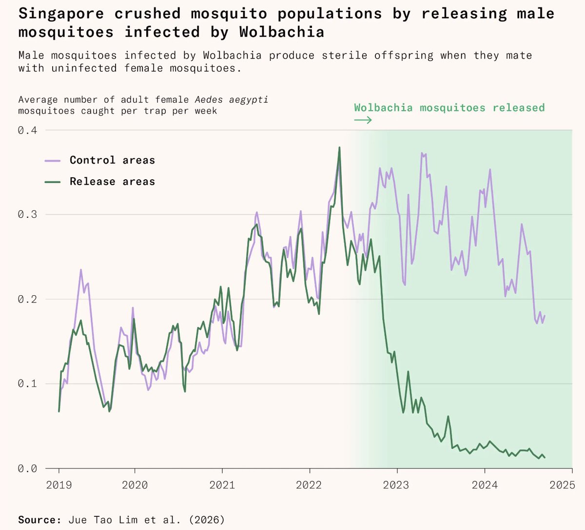 Simon__Grimm's tweet photo. When I stilled worked on biosecurity, I first learned about Debug, a Google project to reduce mosquito populations. 

Results from their Singapore pilot are now out. 

They crushed mosquito populations, reducing dengue infections by 70% in the process: https://t.co/X26UdpPuUi