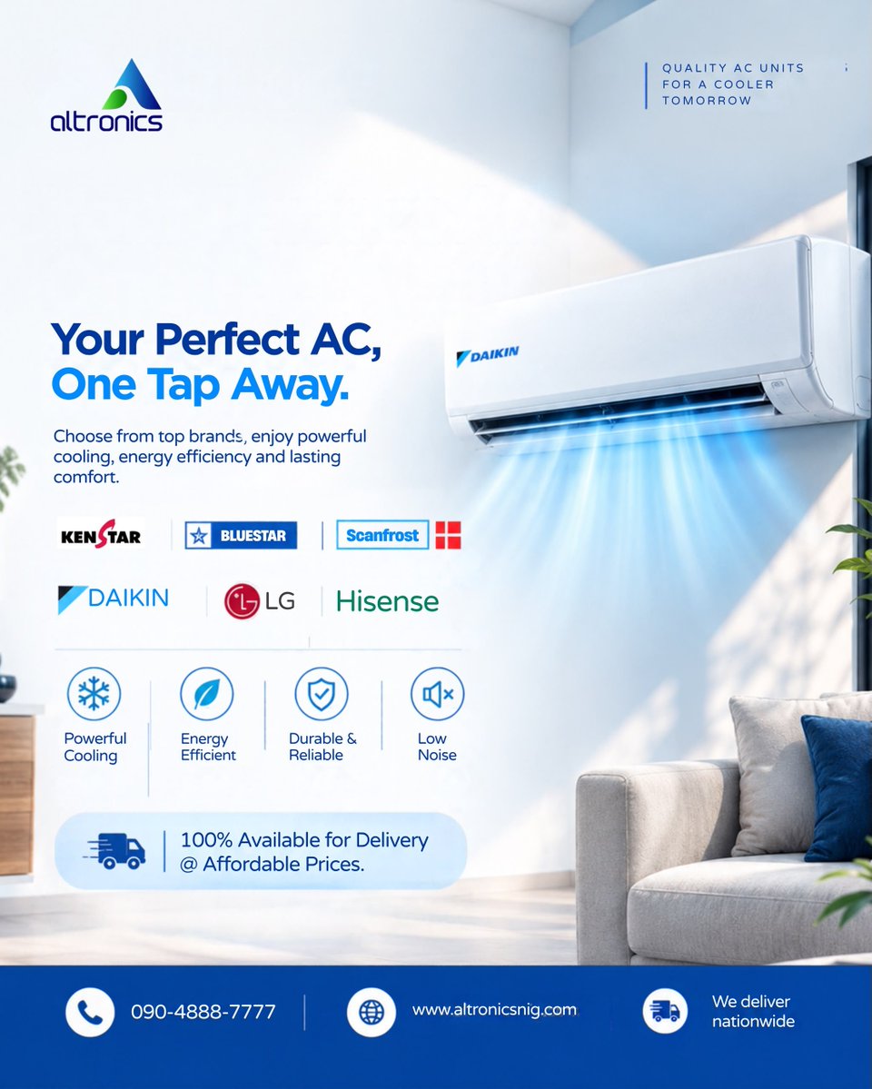 ALTRONICSnig's tweet photo. ❄️ Your perfect AC is just one tap away!

🚚 Available for delivery nationwide

📲 Call/WhatsApp: 090-4888-7777

🌐 https://t.co/ppTizzQcrP

Choose your comfort. Choose Altronics. ❄️

#AltronicsLimited #AirConditioners #ACDeals #HomeComfort #nationwidedelivery https://t.co/rrwhUPLOQk