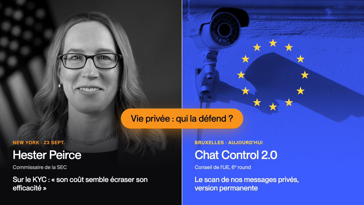 StachAlex's tweet photo. 🚨 Deux salles, deux ambiances. À New York, une commissaire de la SEC brise le tabou du KYC : son coût "semble écraser son efficacité". À Bruxelles, on négocie aujourd'hui le scan de nos messages privés.

Hester Peirce siège pour quelques jours encore à la SEC, le gendarme boursier américain. Le 23 septembre, devant le lobby des banques et courtiers de Wall Street, elle s'en est prise au KYC, ces obligations de "connaissance client" qui font de chaque banque un auxiliaire de surveillance.

"Nous construisons des bottes de foin de données toujours plus grosses, en pariant qu'on y trouvera une aiguille ou deux. Mais plus la botte grossit, plus les aiguilles sont difficiles à trouver", a-t-elle résumé. Selon elle, l'approche actuelle "ne fonctionne pas particulièrement bien". Elle a même ironisé sur les régulateurs, aussi obsédés par le "data go up" que certains fans de crypto par le "number go up".

Chaque donnée de plus, a-t-elle rappelé, augmente le risque qu'elle soit mal utilisée, par accident ou à dessein. Mi-septembre, Revolut a remis des copies de passeports de clients à un escroc qui écrivait depuis une adresse e-mail officielle d'une administration.

En mai 2024, j'écrivais que le KYC avait été "érigé en religion malgré l'absence de résultats probants". J'avoue un certain plaisir à retrouver ce constat au pupitre de la SEC, devant ceux qui remplissent les formulaires.

L'Europe, elle, applique la même logique à nos messages privés.

En mars, le Parlement européen avait refusé de prolonger Chat Control 1.0. Ce texte autorise les plateformes à scanner nos messages non chiffrés, par dérogation à la directive ePrivacy, celle-là même qui oblige les sites à nous demander la permission avant de déposer des cookies. Le 9 juillet, 314 eurodéputés ont de nouveau voté pour le rejeter, contre 276. Cependant, il en fallait 360 à ce stade de la procédure, lors de la dernière session avant l'été.

Le 23 juillet, tous les gouvernements l'ont approuvé, sauf la Hongrie (contre) et la Belgique (abstention). La France a voté pour.

Le round qui s'ouvre aujourd'hui, le sixième, porte sur Chat Control 2.0, la version permanente. Les citoyens disent à chaque fois qu'ils ne veulent pas être surveillés, que c'est contraire aux libertés fondamentales, à la démocratie, à l'Etat de Droit. Dès 2022, les CNIL européennes jugeaient que le texte pouvait présenter "plus de risques pour les individus [...] que pour les criminels". Peu importe, la Commission et les gouvernements s'entêtent : on reposera la question jusqu'à ce que la surveillance de masse soit entérinée.

Côté pédocriminalité en ligne, la botte de foin existe déjà. En 2024, l'Office mineurs a reçu 170 000 signalements, à 97 % issus de la détection des plateformes, et en a tiré 270 enquêtes. Son chef dit avoir parfois le sentiment de "vider la mer avec une petite cuillère".

Deux salles, deux ambiances donc. Osera-t-on en Europe questionner aussi ce dogme de la surveillance à temps ?
