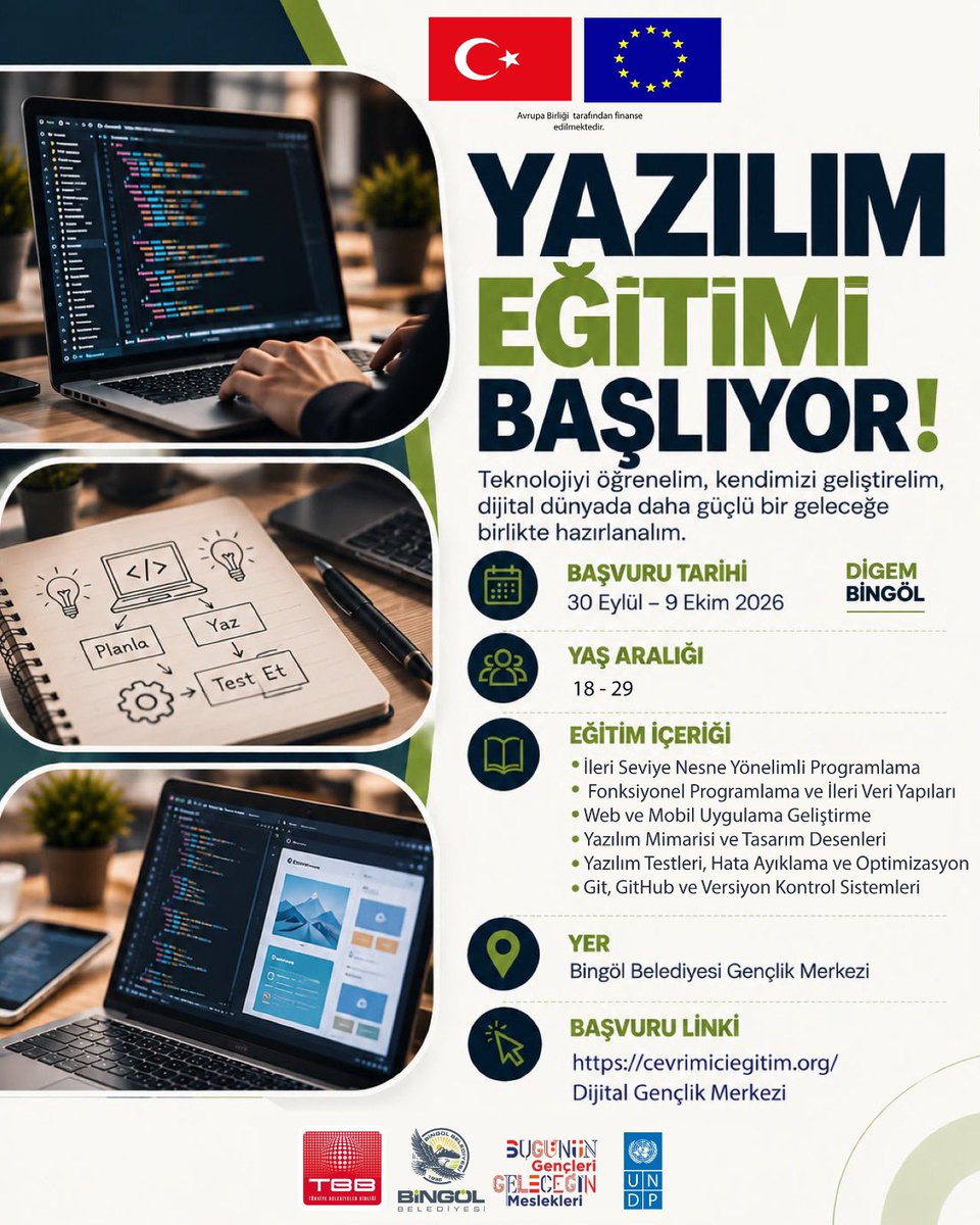 bingolbel's tweet photo. 💻Yazılım ve Yapay Zeka Eğitimleri Başlıyor!

DİGEM Bingöl’de gençlerimizi geleceğin teknolojileriyle buluşturuyoruz.

📅 Başvuru: 30 Eylül – 9 Ekim 2026
👥 Yaş Aralığı: 18-30
📍 Bingöl Belediyesi Gençlik Merkezi
🔗 https://t.co/natG5KJvL9 / Dijital Gençlik Merkezi https://t.co/SlAylPCnam