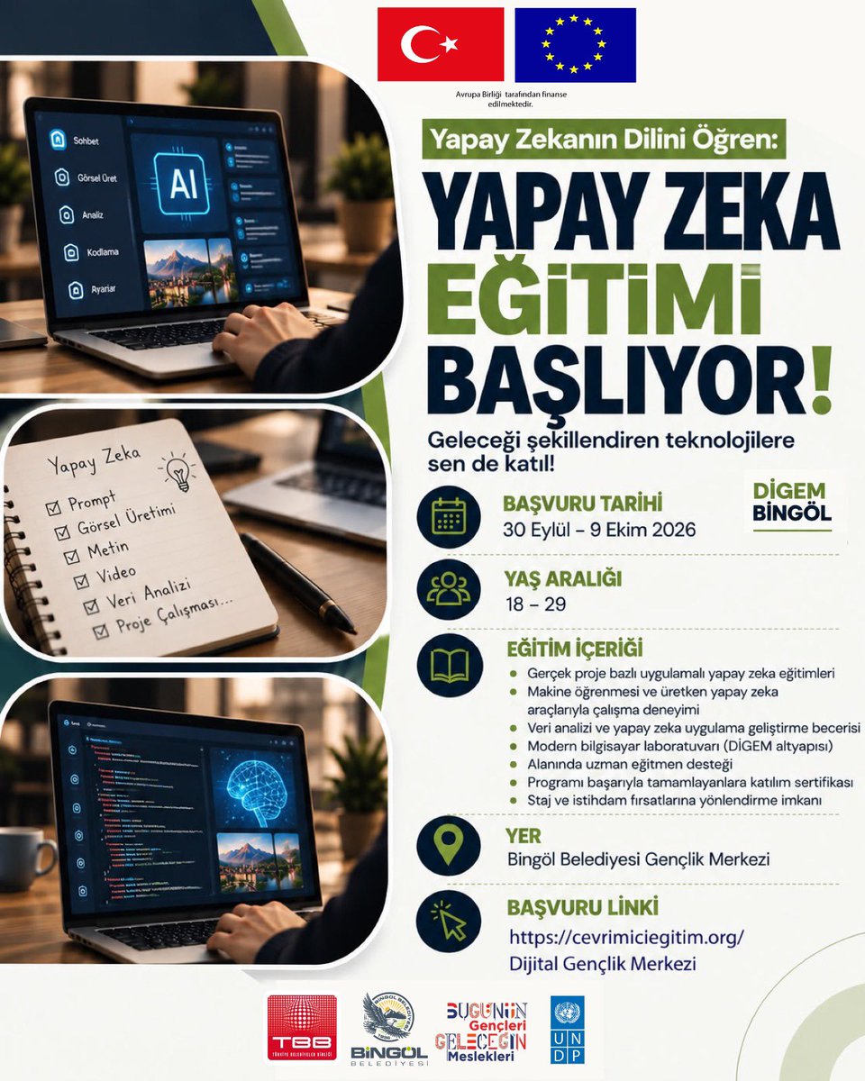 bingolbel's tweet photo. 💻Yazılım ve Yapay Zeka Eğitimleri Başlıyor!

DİGEM Bingöl’de gençlerimizi geleceğin teknolojileriyle buluşturuyoruz.

📅 Başvuru: 30 Eylül – 9 Ekim 2026
👥 Yaş Aralığı: 18-30
📍 Bingöl Belediyesi Gençlik Merkezi
🔗 https://t.co/natG5KJvL9 / Dijital Gençlik Merkezi https://t.co/SlAylPCnam