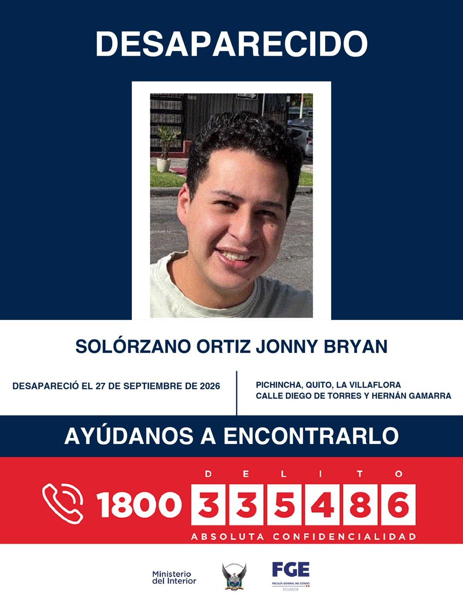 FiscaliaEcuador's tweet photo. #DesaparecidosEcuador | #Pichincha: si tienes información sobre la ubicación de Jonny Bryan Solórzano Ortiz, comunícate de inmediato con las autoridades. Fue visto por última vez el 27 de septiembre de 2026, en #LaVillaflora, sur de #Quito. https://t.co/k458dixKEd