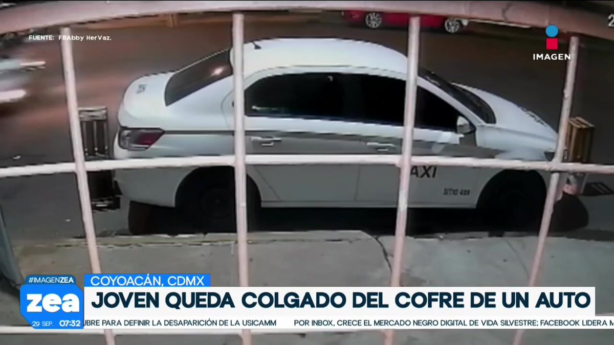 A news screenshot from Imagen shows a white taxi with a body hanging from the trunk on a street in Coyoacán, CDMX, with the headline "JOVEN QUEDA COLGADO DEL COFRE DE UN AUTO" and timestamp 29 SEP. 07:32.
