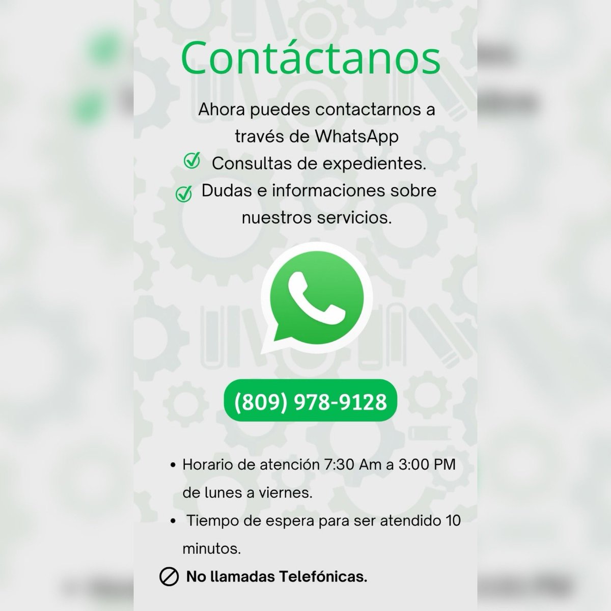 OnapiRD's tweet photo. Ahora puedes comunicarte con ONAPI vía WhatsApp para consultar tus expedientes y aclarar dudas sobre nuestros servicios.

💬 (809) 978-9128
🕢 Lunes a viernes | 7:30 a. m. a 3:00 p. m.

⚠️ Canal exclusivo para mensajes de WhatsApp. No se reciben llamadas.

#ONAPI https://t.co/MgsHq5y31B