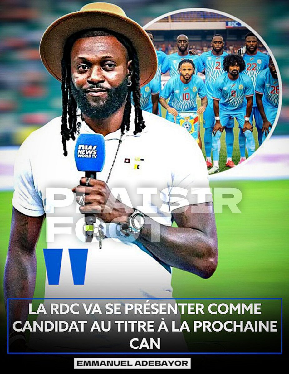 plaisirfoot2's tweet photo. 🚨🤩🇨🇩 LA RDC PART DÉJÀ FAVORITE AU TITRE POUR LA PROCHAINE CAN :

L'une des plus grandes légendes du football africain et mondial, Emmanuel Adebayor estime haut et fort que la république démocratique du Congo se présentera comme un candidat sérieux au titre lors de la prochaine Coupe d'Afrique des Nations :

" C'est une équipe à surveiller à la CAN parcequ'elle va se présenter comme un candidat sérieux au Titre. La coupe du monde a révolutionné la mentalité des joueurs congolais, et cet orgueil là, joue en sa faveur face aux équipes qui se cherchent encore. "

L'ancien joueur du Real Madrid et de l'équipe nationale du Togo, actuel consultant de New World sports a ajouté ceci :

" Ils ( les léopards ) sont sur une bonne dynamique et peuvent écrire l'histoire avec cette génération " 

CALMOS, C'EST UN EXPERT QUI PARLE DE LA RDC 🥵🇨🇩 !!