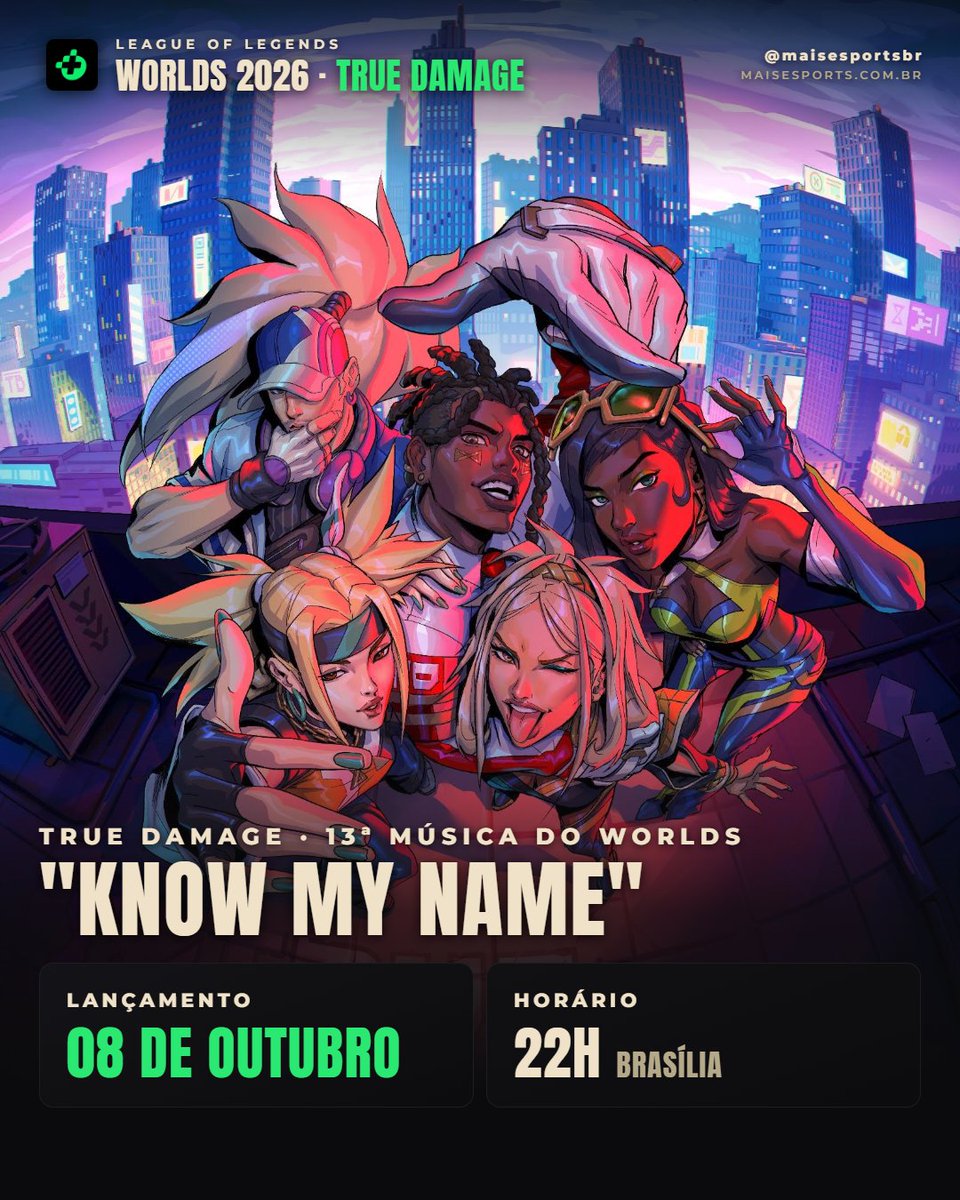 maisesportsbr's tweet photo. TRUE DAMAGE DE VOLTA COM O TEMA DO WORLDS 2026

"Know My Name" é a música oficial do Worlds 2026. O tema marca o retorno da banda virtual de hip-hop True Damage após 7 anos desde sua estreia. 

O lançamento acontece no dia 8 de outubro, às 22h, com o clipe oficial no canal do League of Legends no YouTube.

Confira a formação do grupo:

🔸Akali: Voz de SOYEON (do I-DLE, que retorna ao papel) 
🔸Senna: Voz de Coco Jones
🔸 Ekko: Voz de Vic Mensa
🔸 Qiyana: Voz de Sofía Reyes
🔸 Yasuo: DJ e produtor do grupo (sem voz)