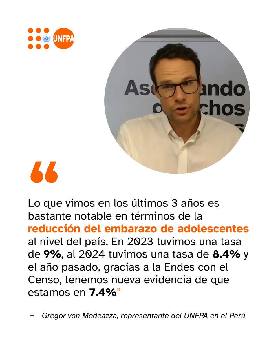UNFPAPeru's tweet photo. El embarazo adolescente viene disminuyendo en el Perú. Sin embargo, los avances no se producen de la misma manera en todo el territorio.

Nuestro representante, Gregor von Medeazza, destaca la reducción registrada en los últimos años y advierte sobre las brechas que aún persisten, especialmente en las zonas rurales y en la selva.

Desde el UNFPA trabajamos para que cada adolescente, sin importar dónde viva, pueda acceder a información, servicios y oportunidades para ejercer sus derechos y desarrollar plenamente su potencial.

🔗 Conoce más:
📖 Lee el especial de Agencia Andina: https://t.co/Oj5n7Nu4tk 

📊 Conoce los datos y las brechas analizadas por UNFPA en Perú: https://t.co/y9rqFJKNiV