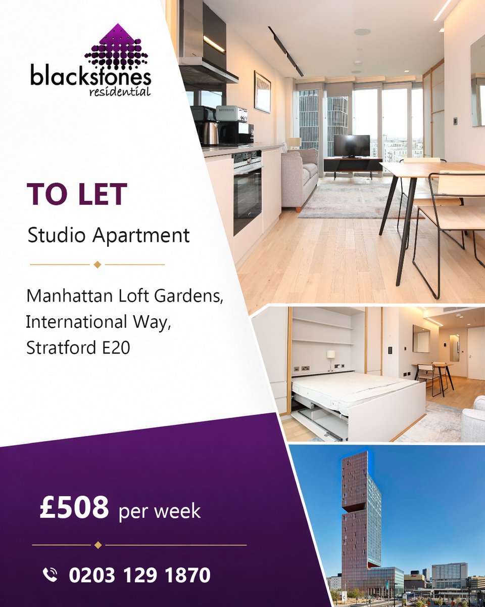BlackstonesRes1's tweet photo. TO LET | Manhattan Loft Gardens, Stratford E20
Studio apartment | £508 pw

✨24hr concierge
✨3 communal terraces
✨Excellent Stratford transport links
✨Close to Stratford City &amp; Olympic Park

📞 0203 129 1870

#Stratford #LondonProperty #LondonRental

https://t.co/wHSI4Tnpqq https://t.co/KezvB9oFfT