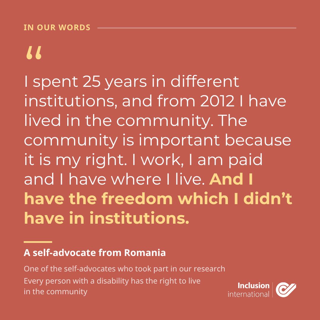 InclusionIntl's tweet photo. Inclusive care and support can only happen in the community.

"I spent 25 years in different institutions. I have the freedom which I didn't have in institutions." A self-advocate from Romania

Read our new report 👉 https://t.co/8Sem9QfAfo https://t.co/lAvYpGwy7Z