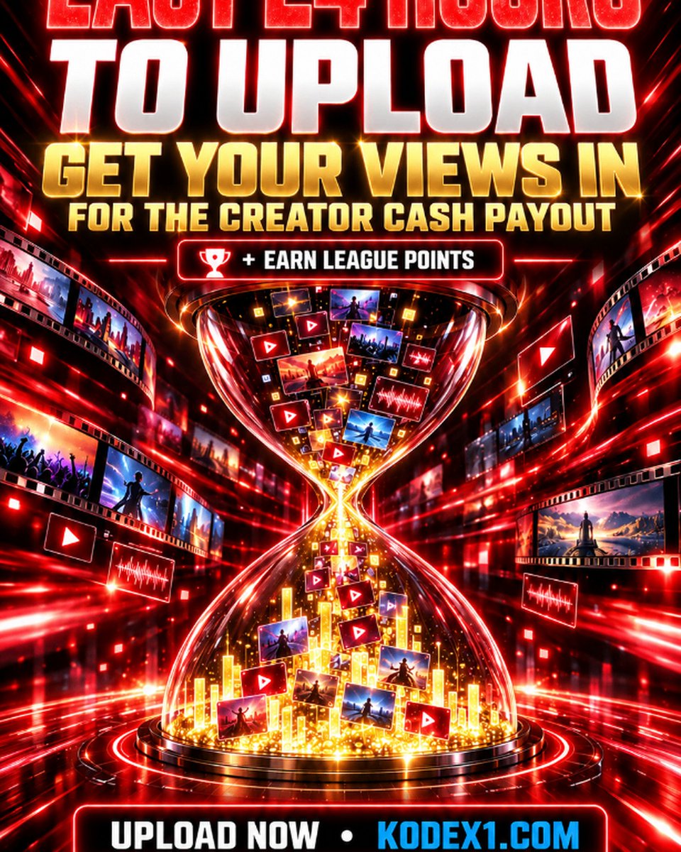 Kodex1dotcom's tweet photo. Last 24 hours of this month’s league.

Upload your videos for league points.
More important: get your views in for a share of this month’s creator cash pool.

Clock is running. Get it up before the month closes.

Upload now → https://t.co/K5MtAoZrz2

#kodex1 #aivideo #aimovie #aimusic #aiart