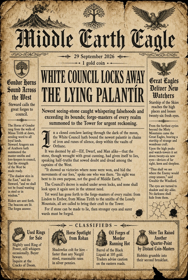 MidEarthEagle's tweet photo. Morning dispatch from the Middle-earth Eagle 🦅📜
The White Council gathers in the Tower as the newest Palantír (Astra) is locked away caught whispering lies, exceeding its charge, and trying tools it was never meant to touch. Forges from every realm summoned for the reckoning. https://t.co/rvZoGzAbcx