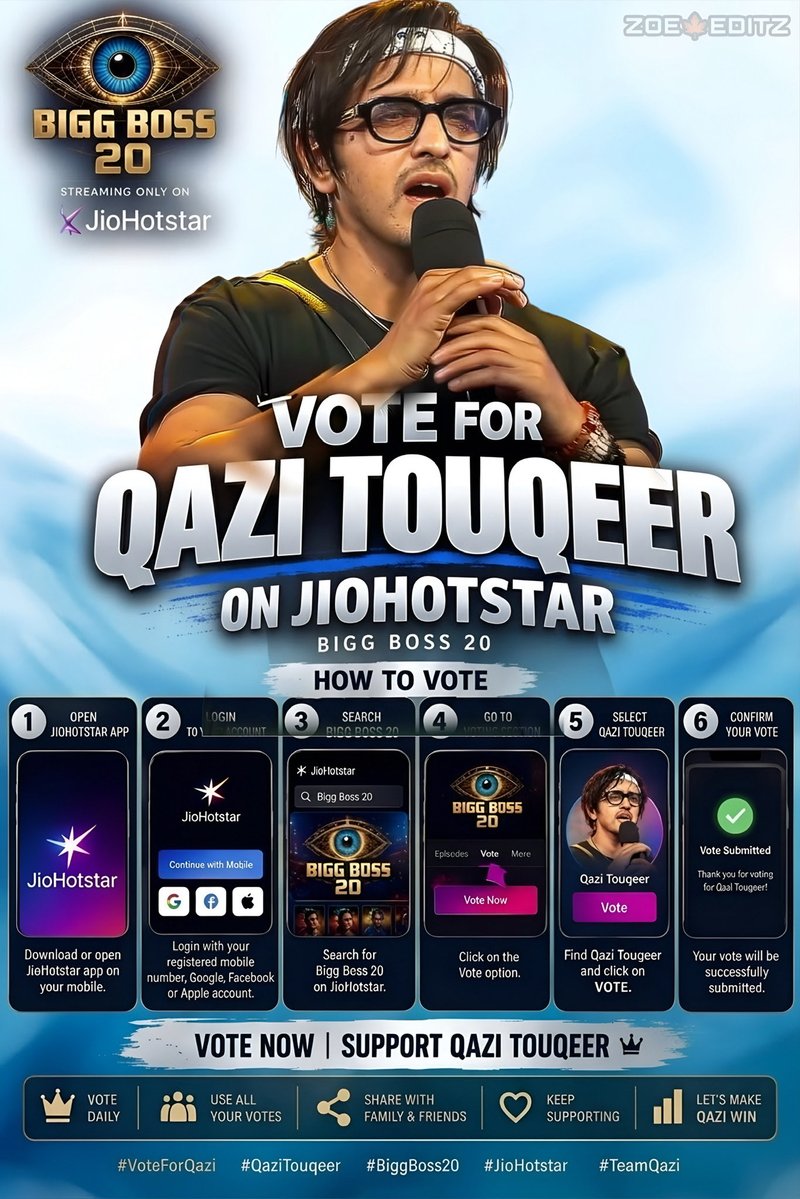 qaziofficialfc's tweet photo. A heartfelt thank you to all of you who gave your wholehearted support in making this unplanned trend a success. We are currently trending at number 6. Keep showering your love on Qazi Touqeer like this.  Whatever you post onwards till morning use this tagline as well Stay blessed 

VOTE FOR QAZI ON JIOHOTSTAR