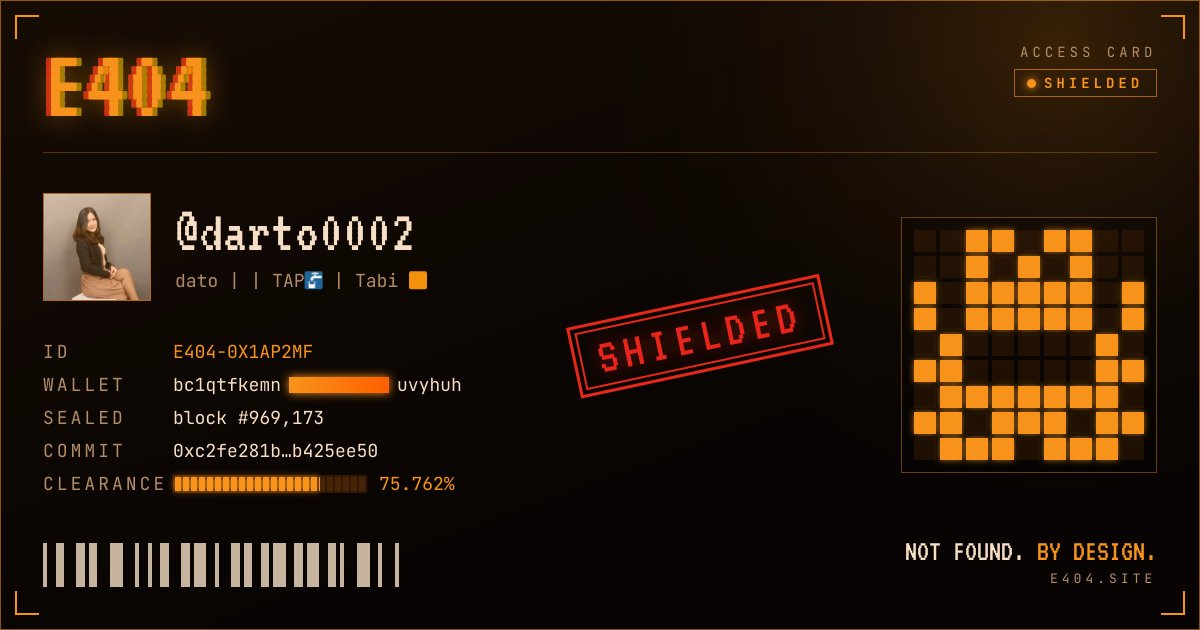 darto0002's tweet photo. access sealed.

> state: SHIELDED
> id: E404-0X1AP2MF

some things aren't meant to be found. @error404ord https://t.co/B2C5E68vpx https://t.co/XGmpquGZIQ